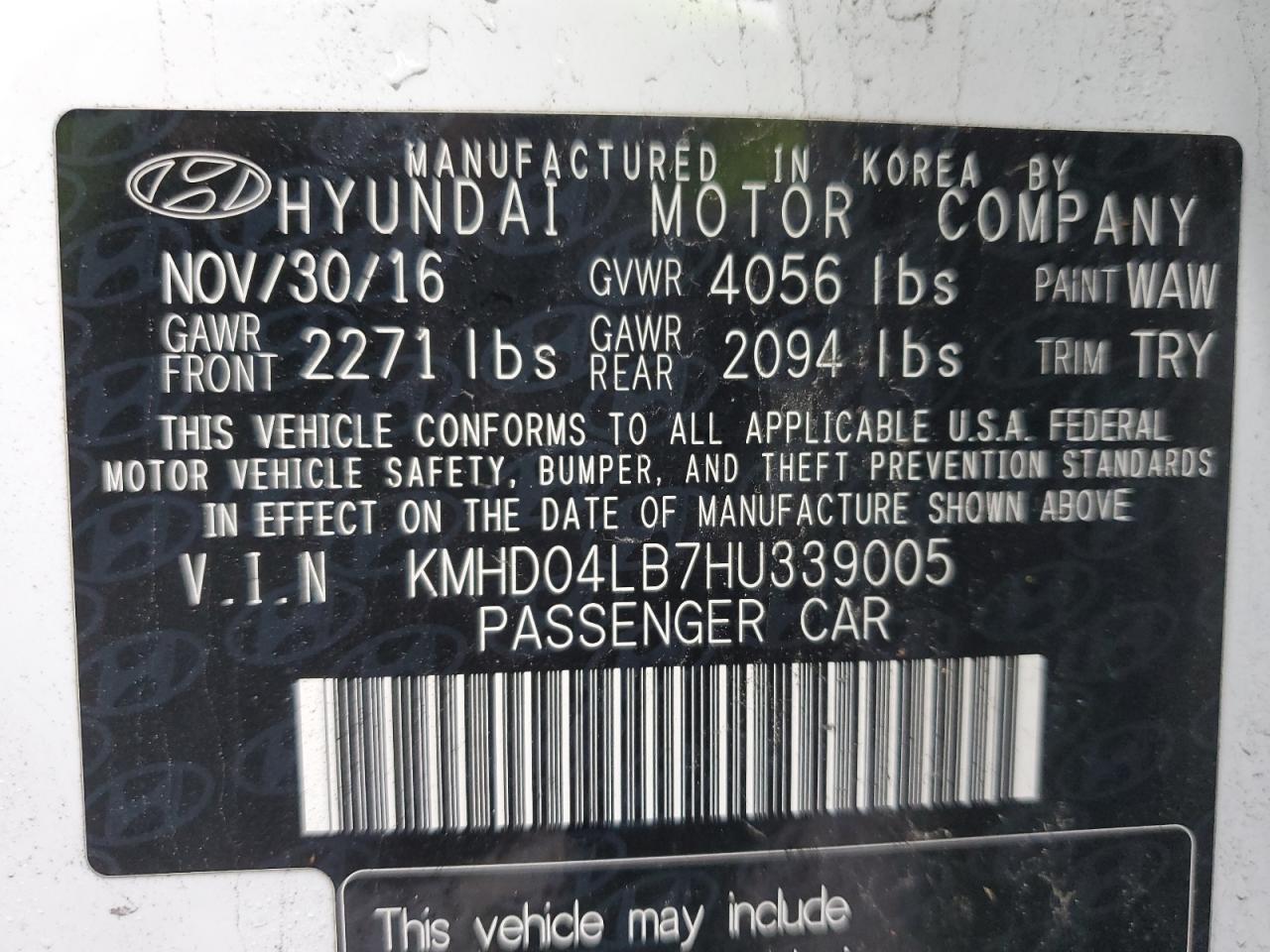 Photo 11 VIN: KMHD04LB7HU339005 - HYUNDAI ELANTRA 