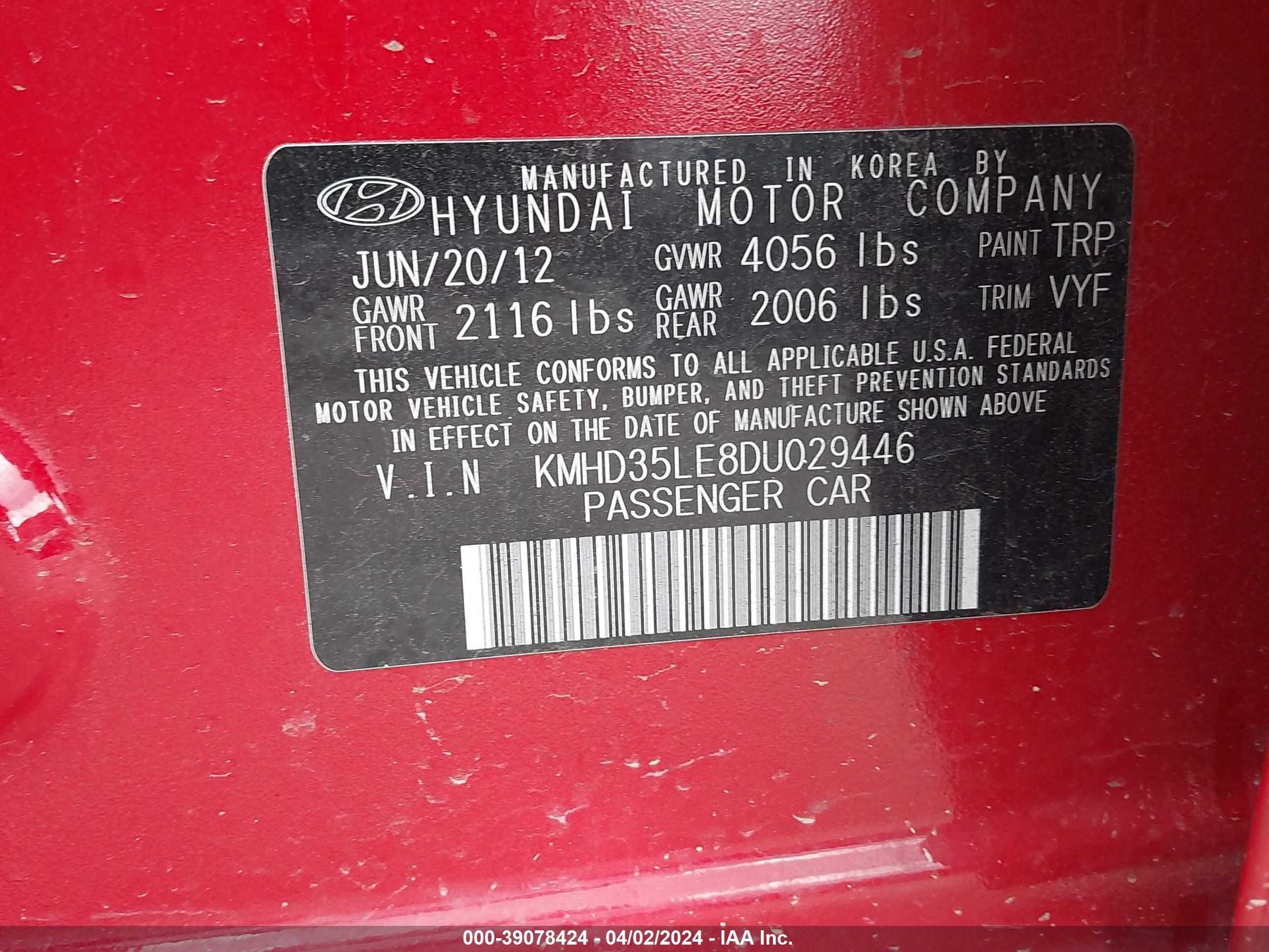 Photo 8 VIN: KMHD35LE8DU029446 - HYUNDAI ELANTRA 