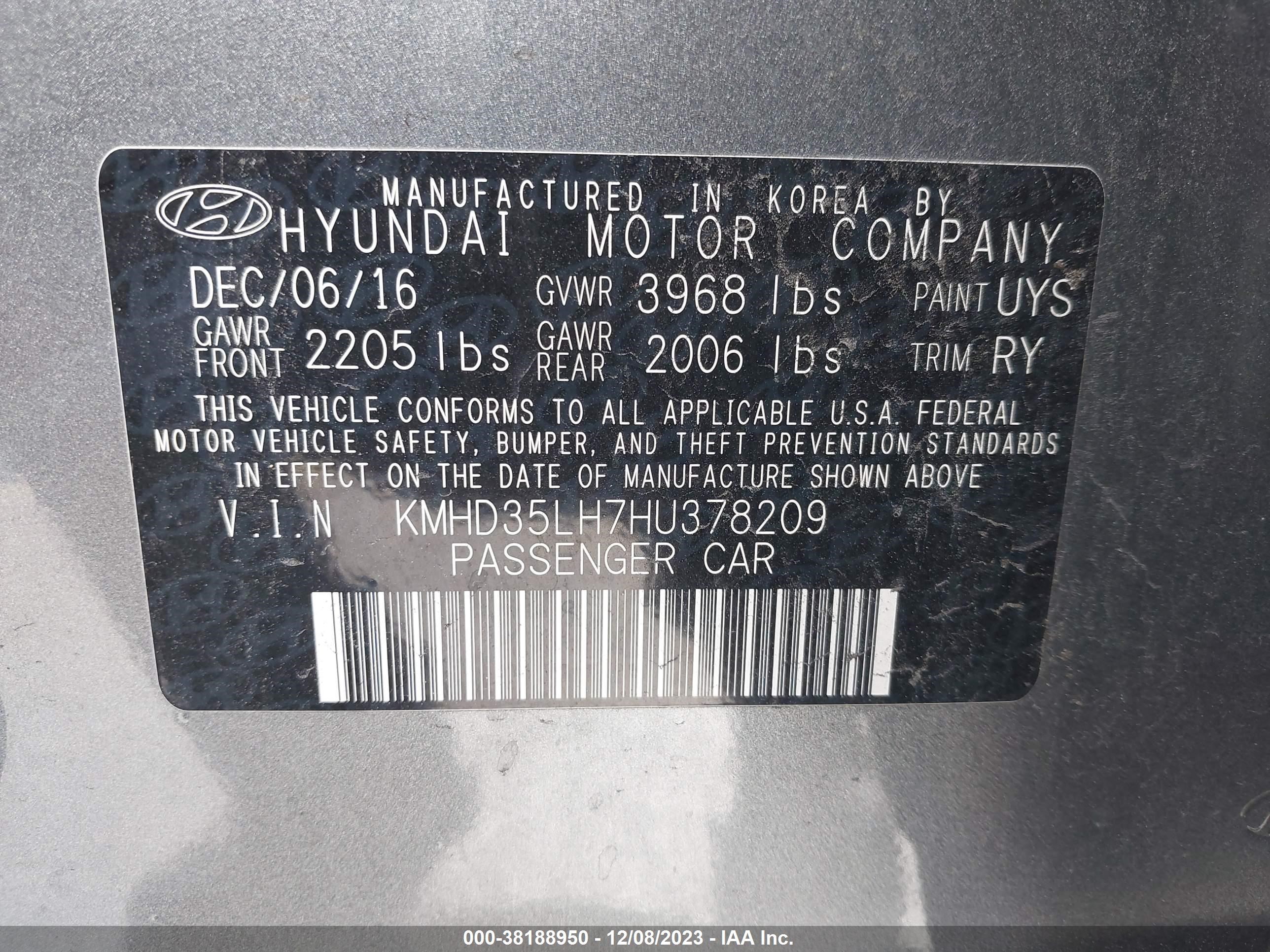 Photo 8 VIN: KMHD35LH7HU378209 - HYUNDAI ELANTRA 