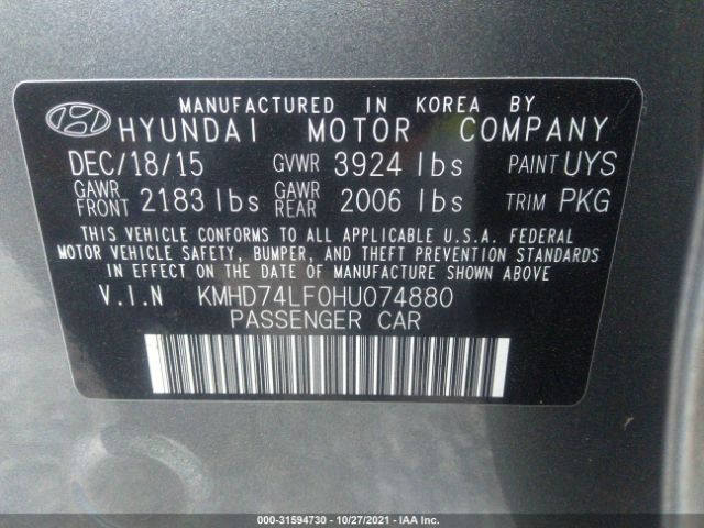 Photo 8 VIN: KMHD74LF0HU074880 - HYUNDAI ELANTRA 