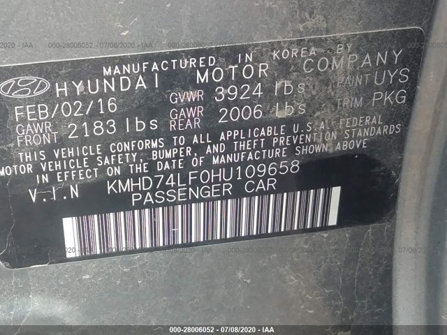 Photo 8 VIN: KMHD74LF0HU109658 - HYUNDAI ELANTRA 