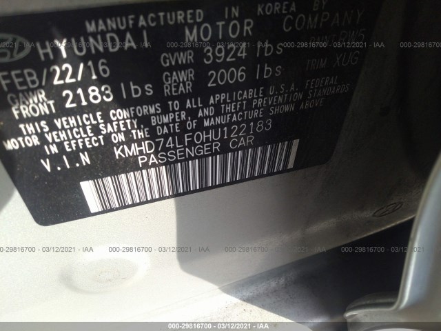 Photo 8 VIN: KMHD74LF0HU122183 - HYUNDAI ELANTRA 