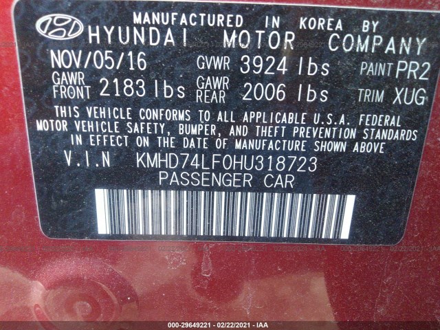 Photo 8 VIN: KMHD74LF0HU318723 - HYUNDAI ELANTRA 