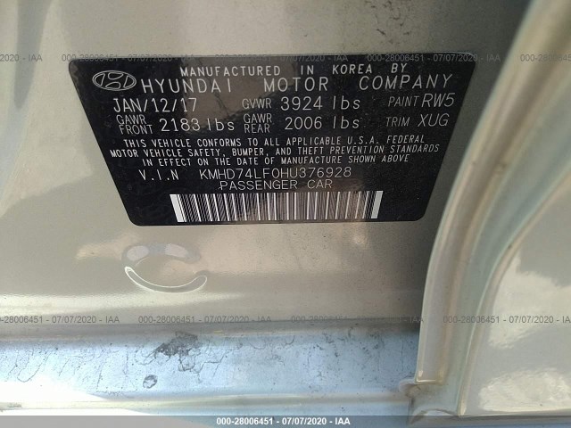 Photo 8 VIN: KMHD74LF0HU376928 - HYUNDAI ELANTRA 