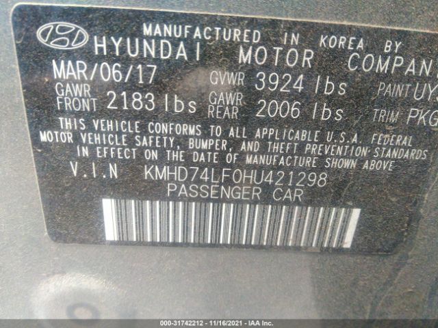 Photo 8 VIN: KMHD74LF0HU421298 - HYUNDAI ELANTRA 