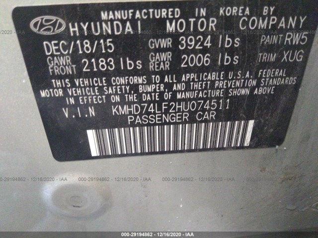 Photo 8 VIN: KMHD74LF2HU074511 - HYUNDAI ELANTRA 