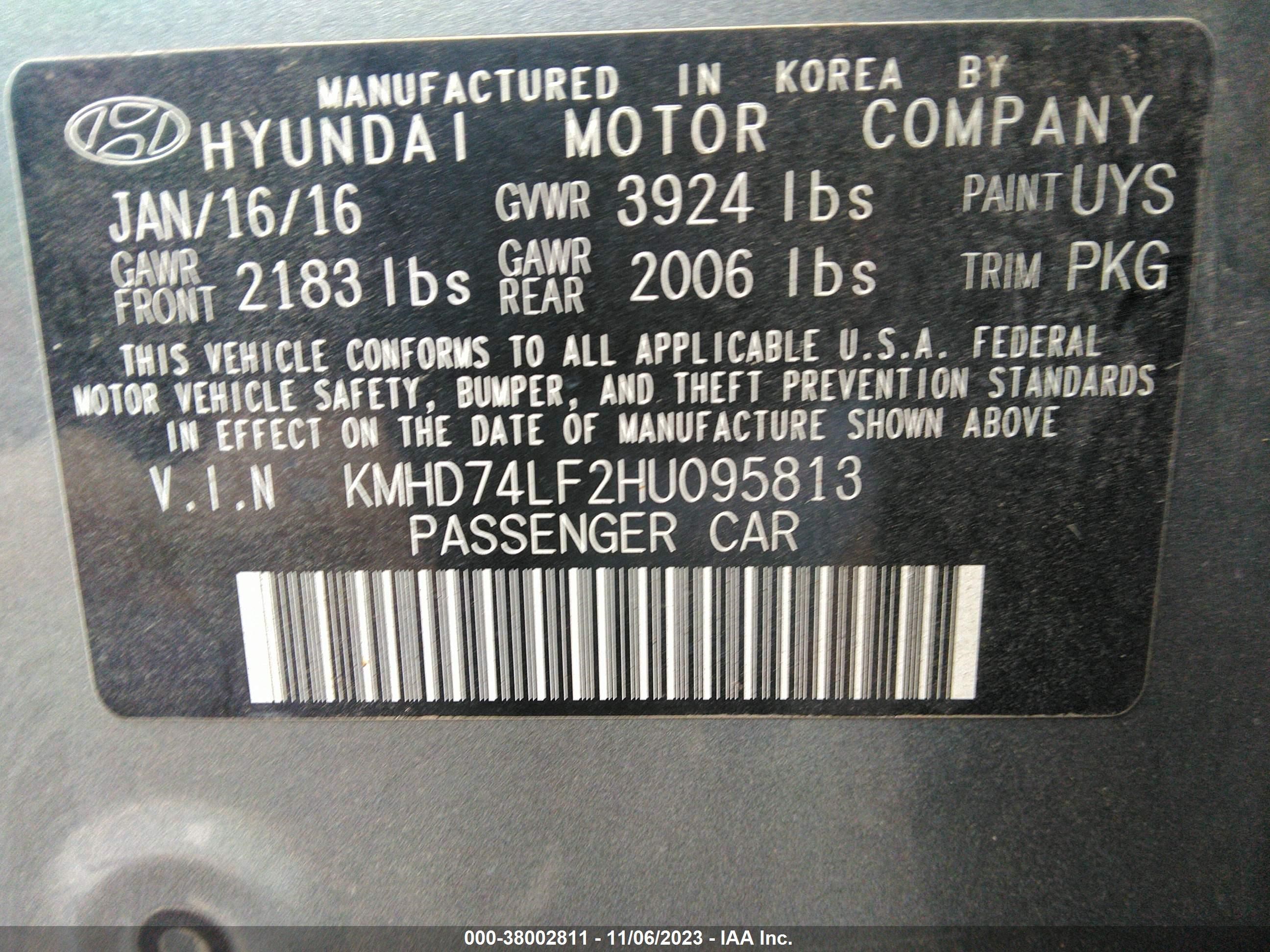 Photo 8 VIN: KMHD74LF2HU095813 - HYUNDAI ELANTRA 