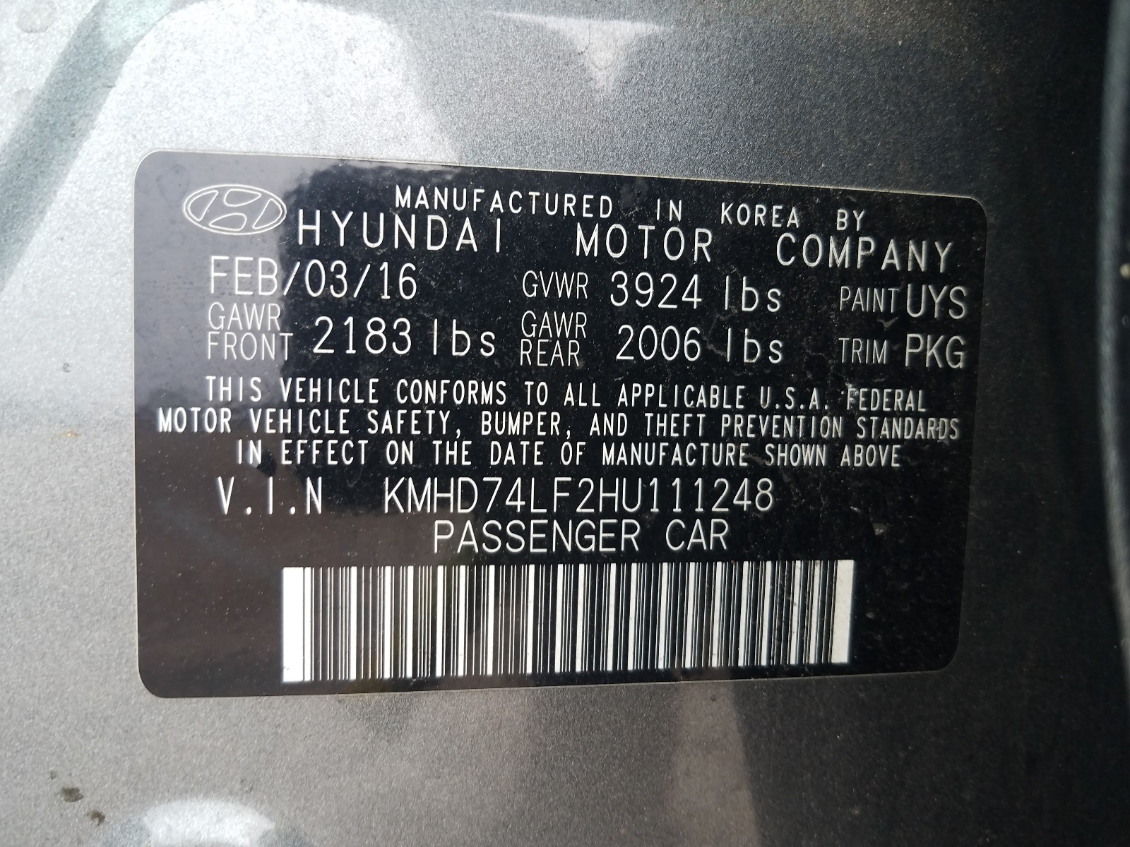 Photo 9 VIN: KMHD74LF2HU111248 - HYUNDAI ELANTRA SE 