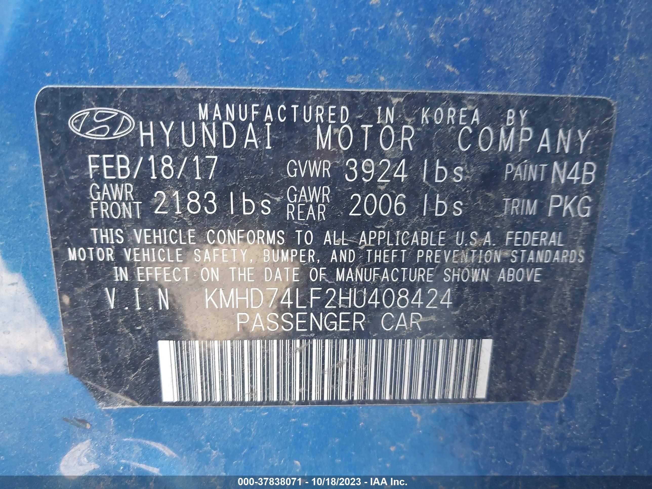 Photo 8 VIN: KMHD74LF2HU408424 - HYUNDAI ELANTRA 