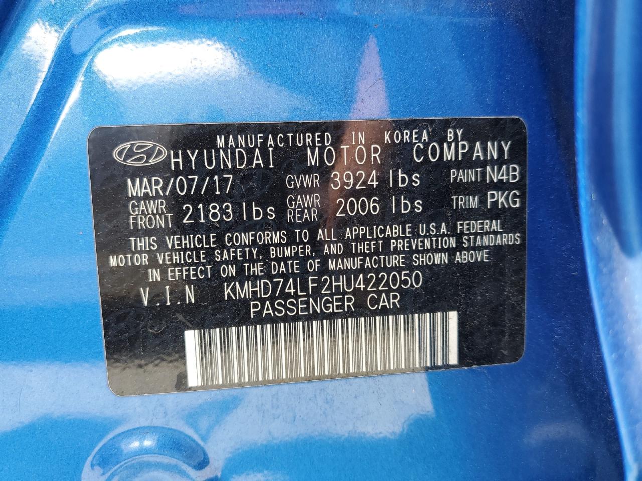 Photo 11 VIN: KMHD74LF2HU422050 - HYUNDAI ELANTRA 