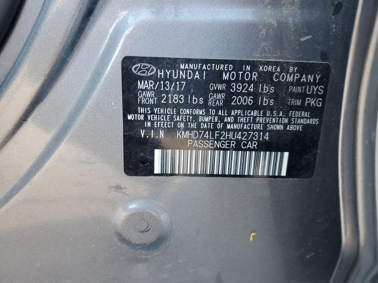 Photo 12 VIN: KMHD74LF2HU427314 - HYUNDAI ELANTRA 