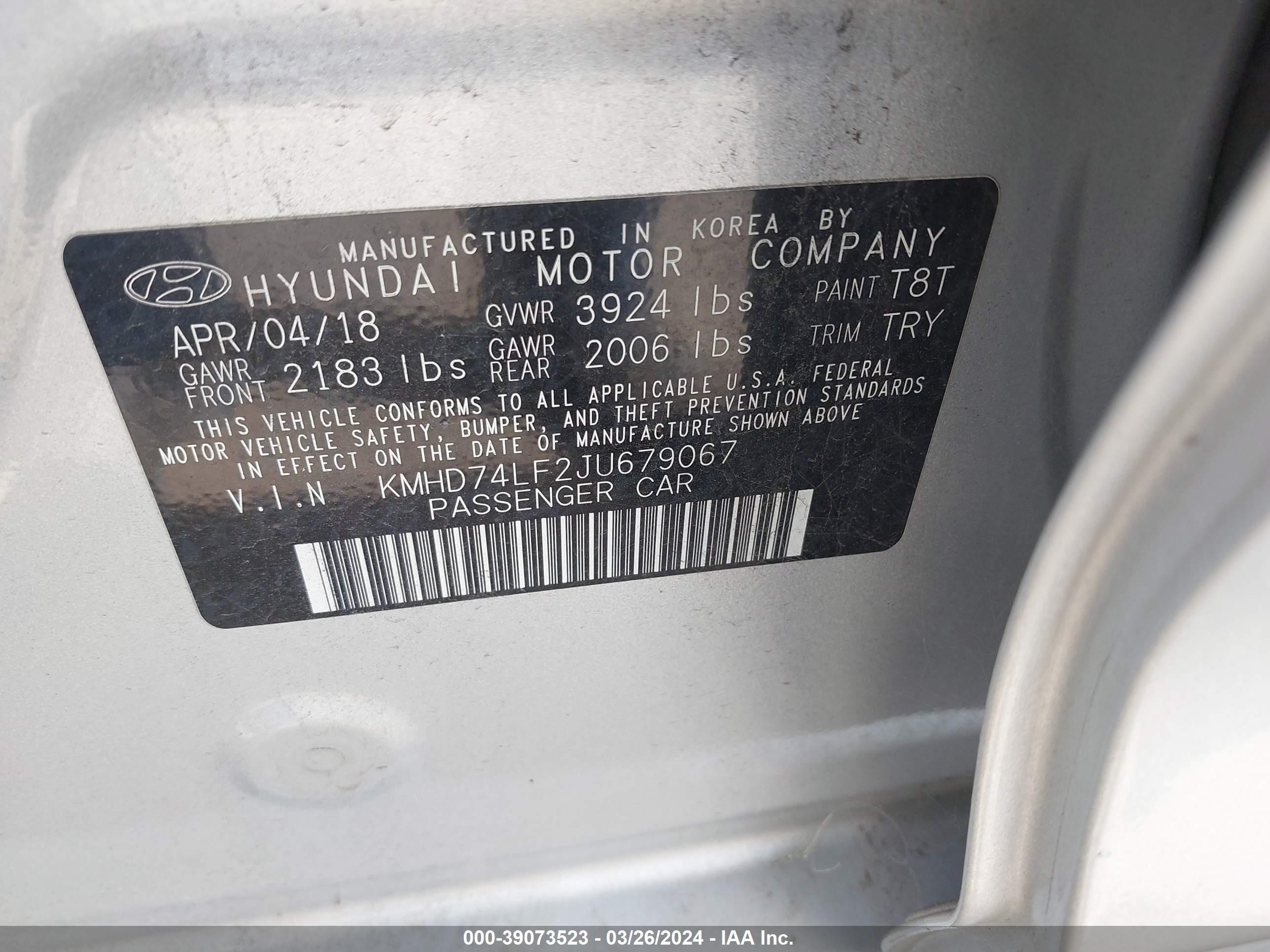 Photo 8 VIN: KMHD74LF2JU679967 - HYUNDAI ELANTRA 