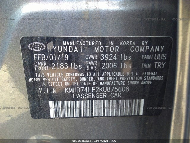 Photo 8 VIN: KMHD74LF2KU875608 - HYUNDAI ELANTRA 