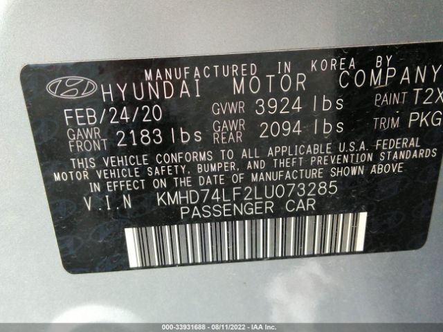 Photo 8 VIN: KMHD74LF2LU073285 - HYUNDAI ELANTRA 