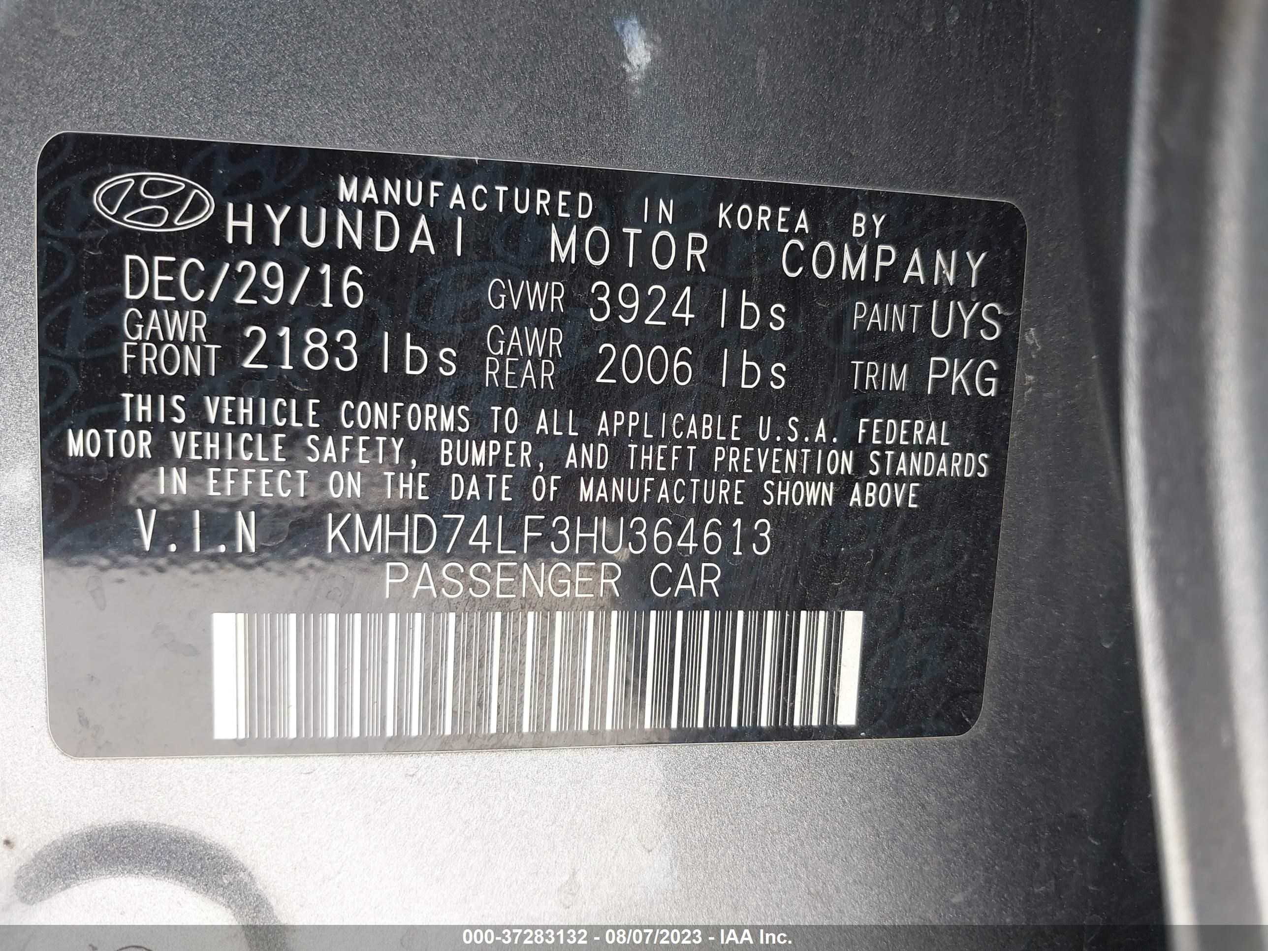 Photo 8 VIN: KMHD74LF3HU364613 - HYUNDAI ELANTRA 