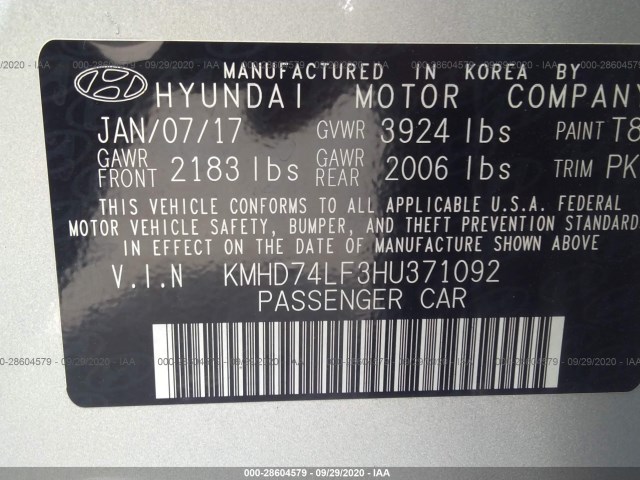 Photo 8 VIN: KMHD74LF3HU371092 - HYUNDAI ELANTRA 