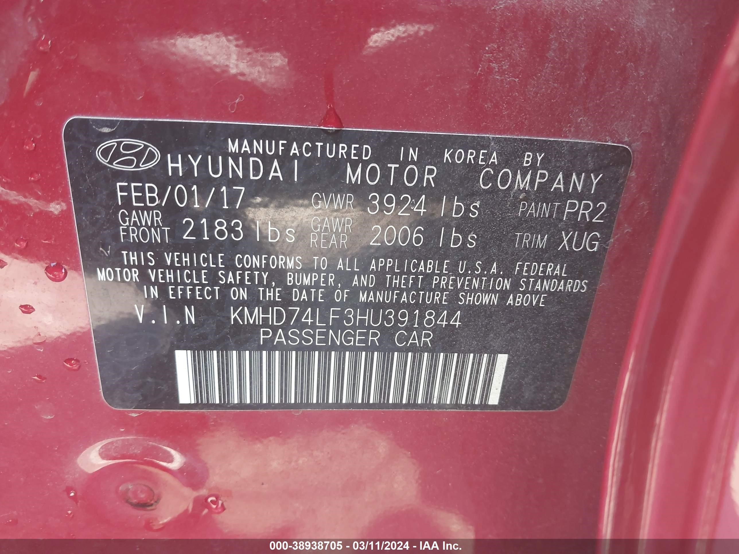 Photo 8 VIN: KMHD74LF3HU391844 - HYUNDAI ELANTRA 