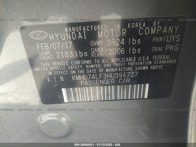 Photo 8 VIN: KMHD74LF3HU394727 - HYUNDAI ELANTRA 