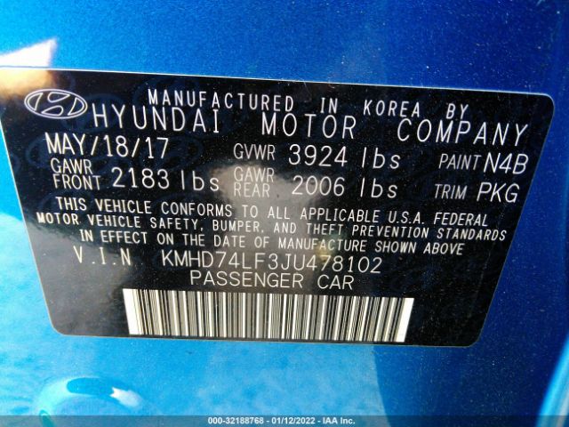 Photo 8 VIN: KMHD74LF3JU478102 - HYUNDAI ELANTRA 