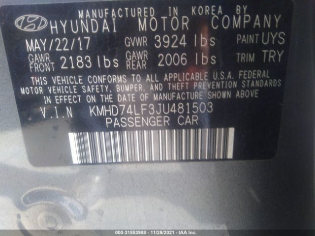 Photo 8 VIN: KMHD74LF3JU481503 - HYUNDAI ELANTRA 