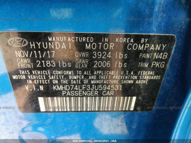 Photo 8 VIN: KMHD74LF3JU594531 - HYUNDAI ELANTRA 