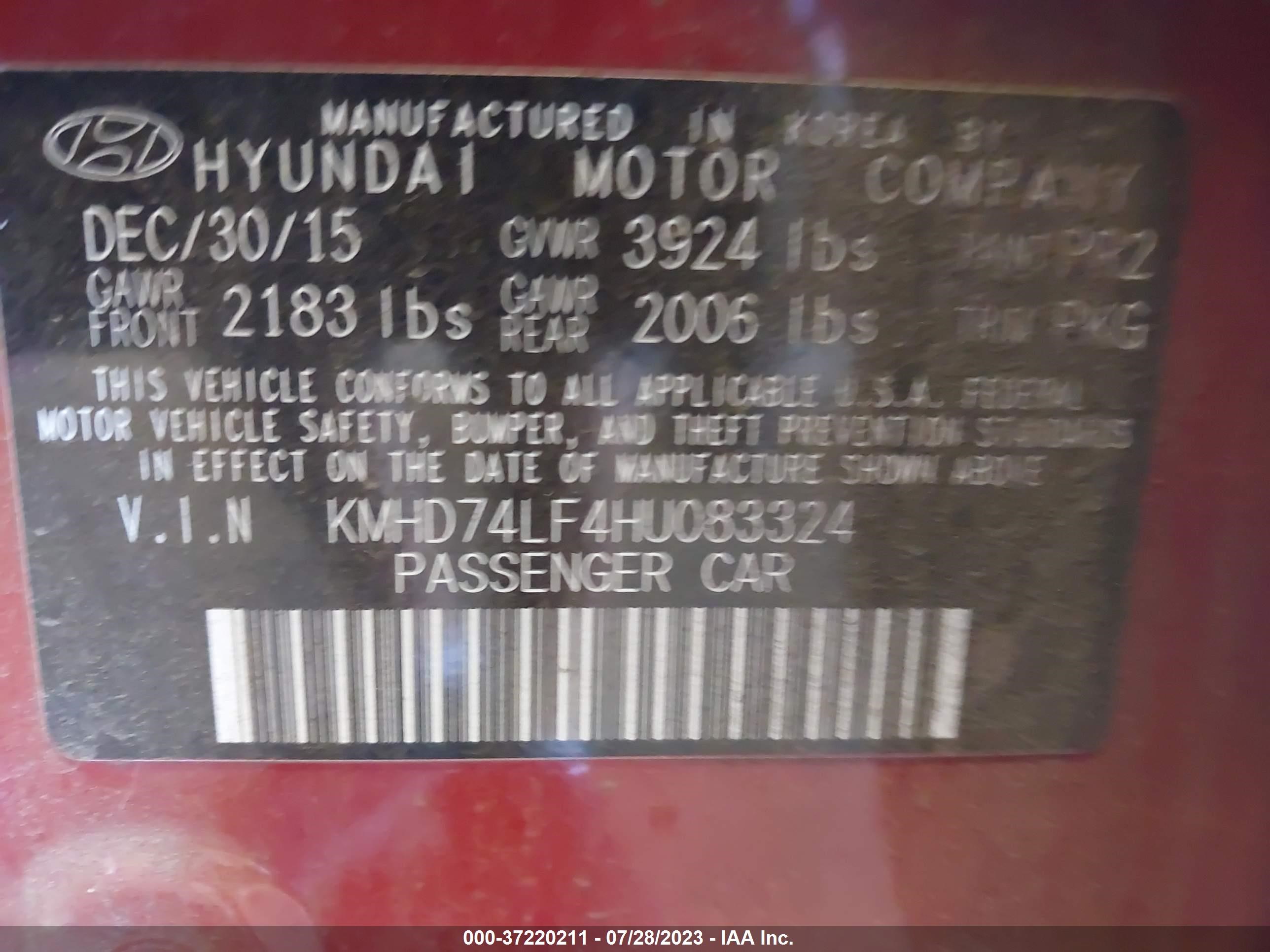 Photo 8 VIN: KMHD74LF4HU083324 - HYUNDAI ELANTRA 