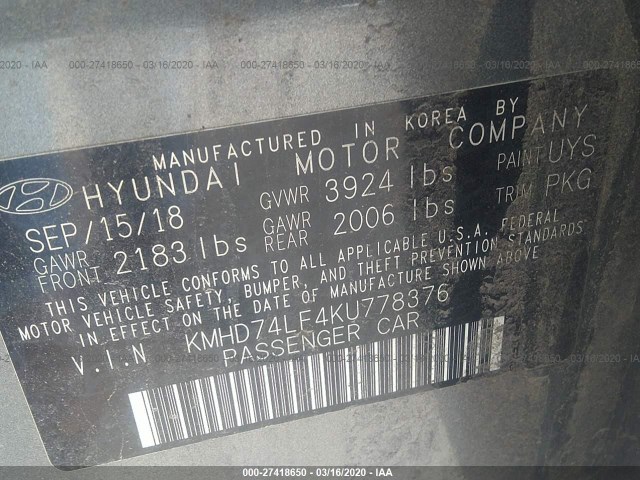 Photo 8 VIN: KMHD74LF4KU778376 - HYUNDAI ELANTRA 