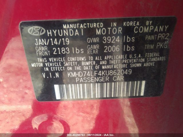 Photo 8 VIN: KMHD74LF4KU862049 - HYUNDAI ELANTRA 