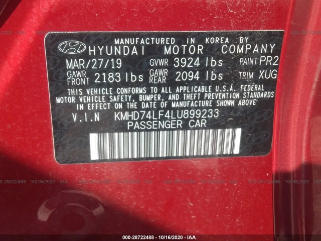 Photo 8 VIN: KMHD74LF4LU899233 - HYUNDAI ELANTRA 