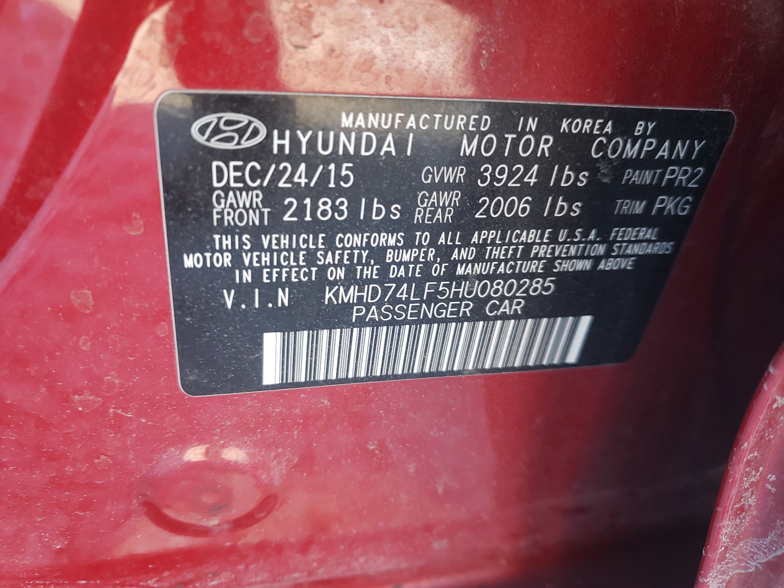 Photo 9 VIN: KMHD74LF5HU080285 - HYUNDAI ELANTRA SE 