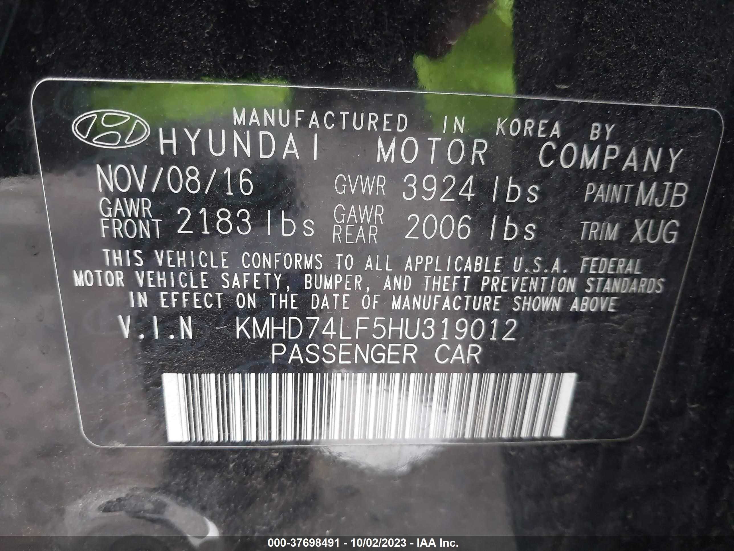 Photo 8 VIN: KMHD74LF5HU319012 - HYUNDAI ELANTRA 