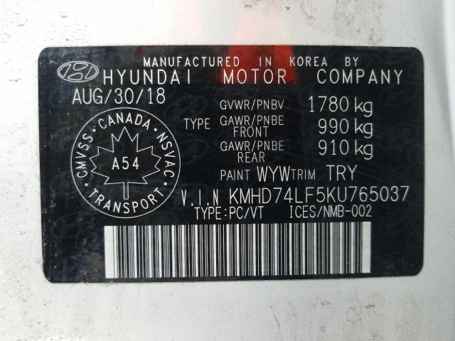 Photo 9 VIN: KMHD74LF5KU765037 - HYUNDAI ELANTRA SE 