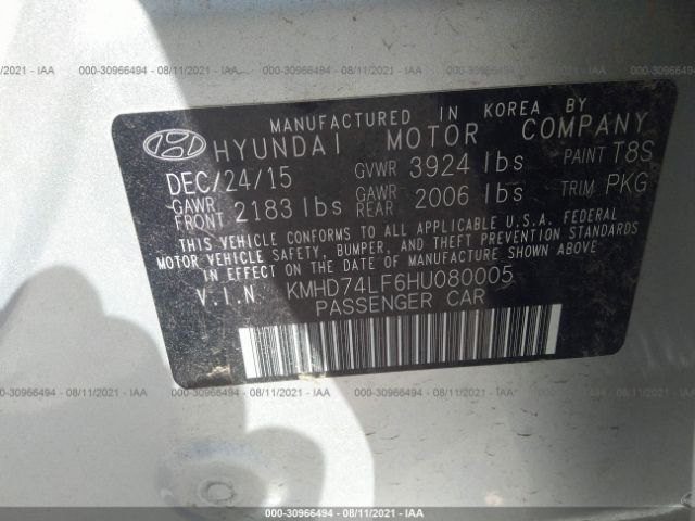 Photo 8 VIN: KMHD74LF6HU080005 - HYUNDAI ELANTRA 