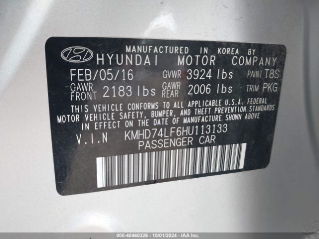 Photo 8 VIN: KMHD74LF6HU113133 - HYUNDAI ELANTRA 