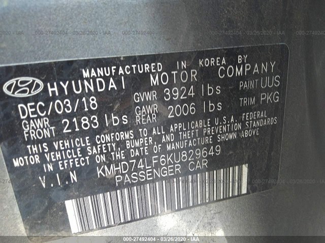 Photo 8 VIN: KMHD74LF6KU829649 - HYUNDAI ELANTRA 