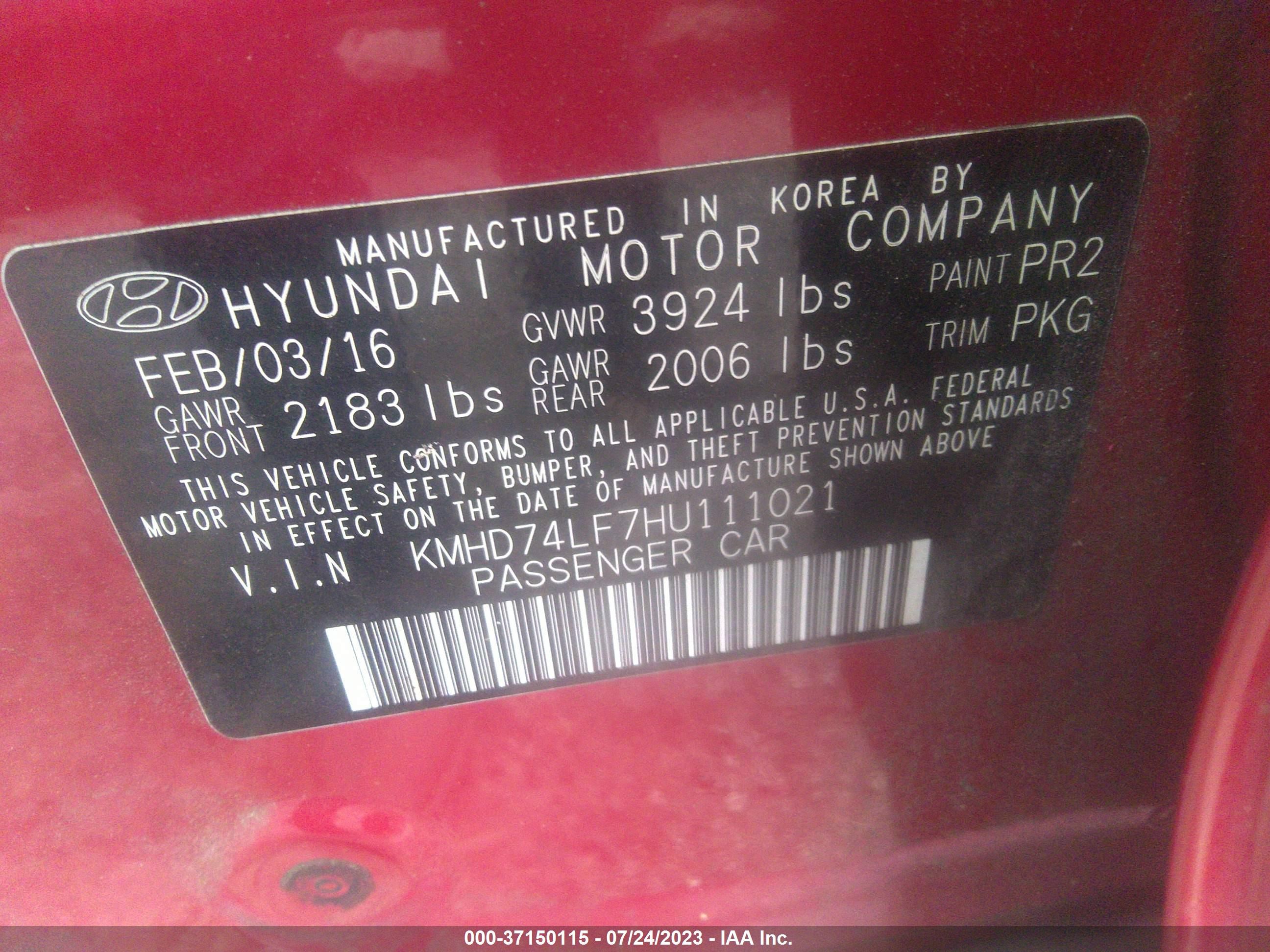 Photo 8 VIN: KMHD74LF7HU111021 - HYUNDAI ELANTRA 