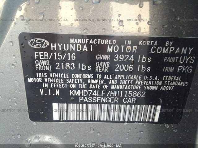 Photo 8 VIN: KMHD74LF7HU115862 - HYUNDAI ELANTRA 