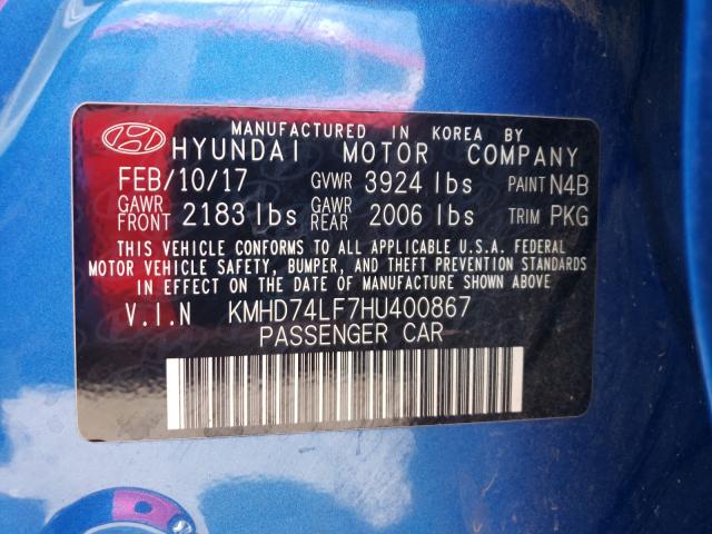 Photo 9 VIN: KMHD74LF7HU400867 - HYUNDAI ELANTRA SE 