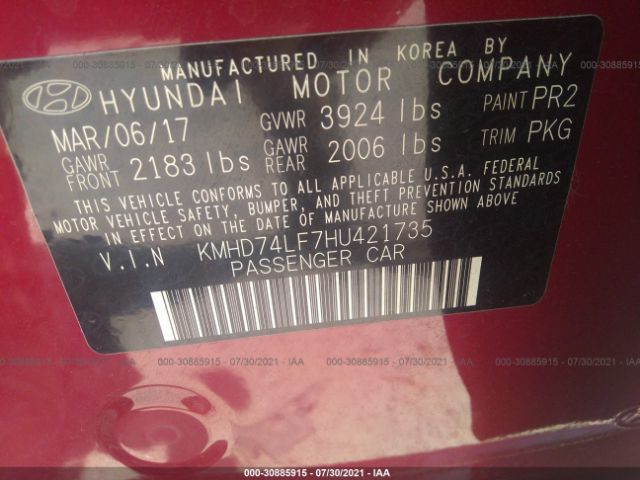 Photo 8 VIN: KMHD74LF7HU421735 - HYUNDAI ELANTRA 