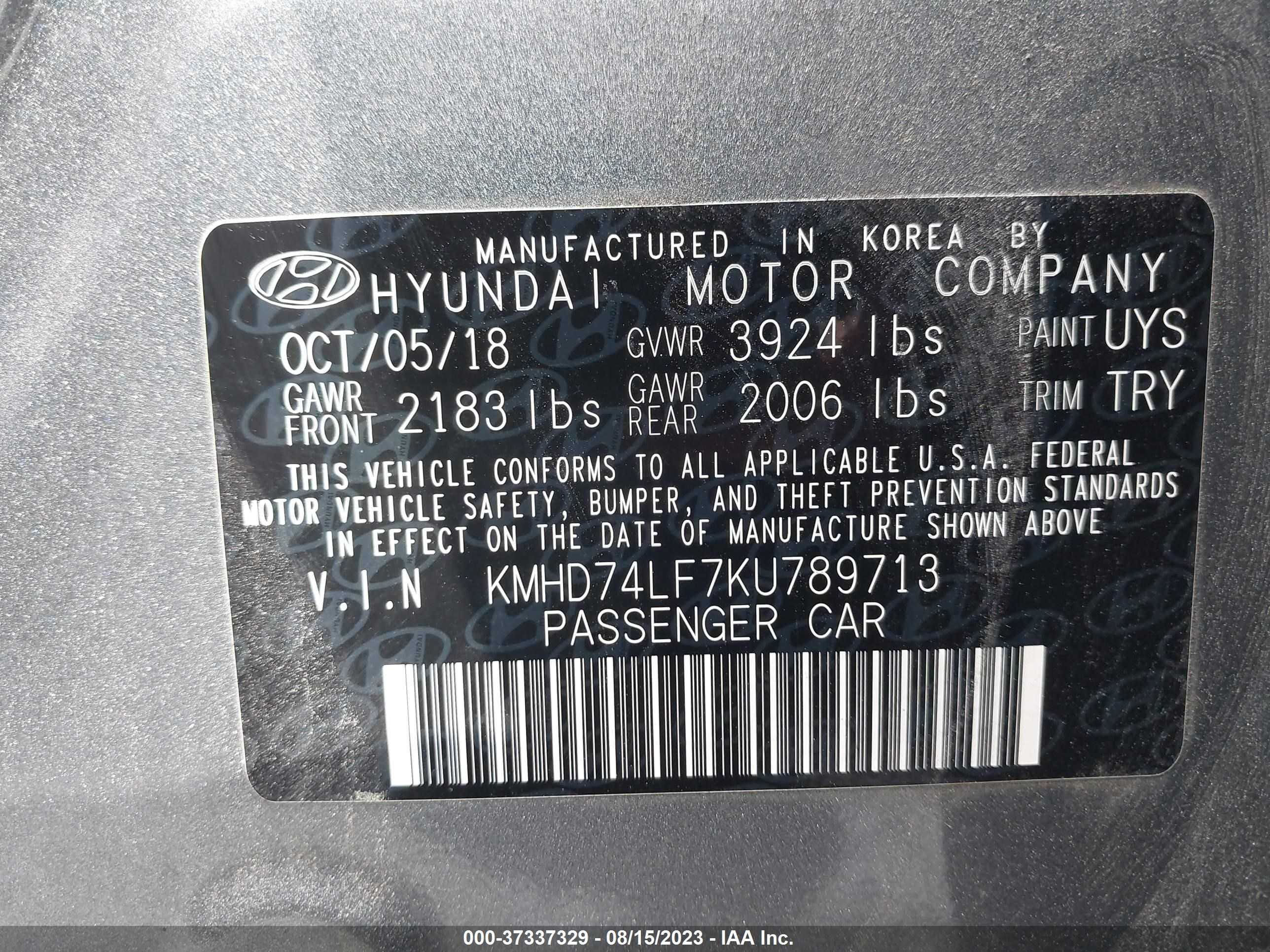 Photo 8 VIN: KMHD74LF7KU789713 - HYUNDAI ELANTRA 