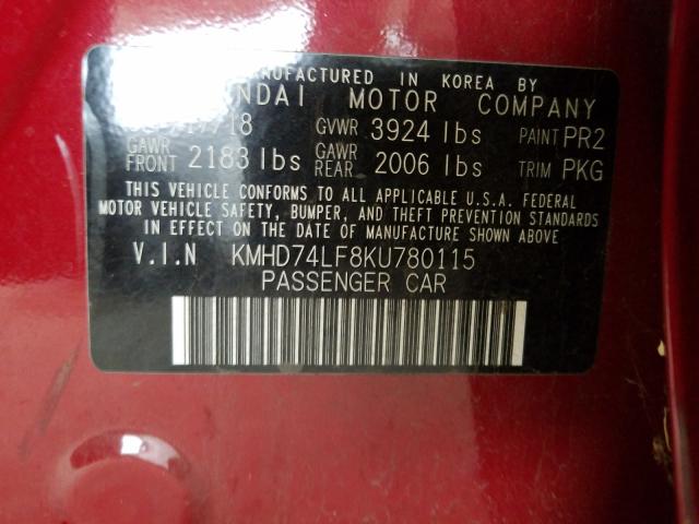 Photo 9 VIN: KMHD74LF8KU780115 - HYUNDAI ELANTRA 