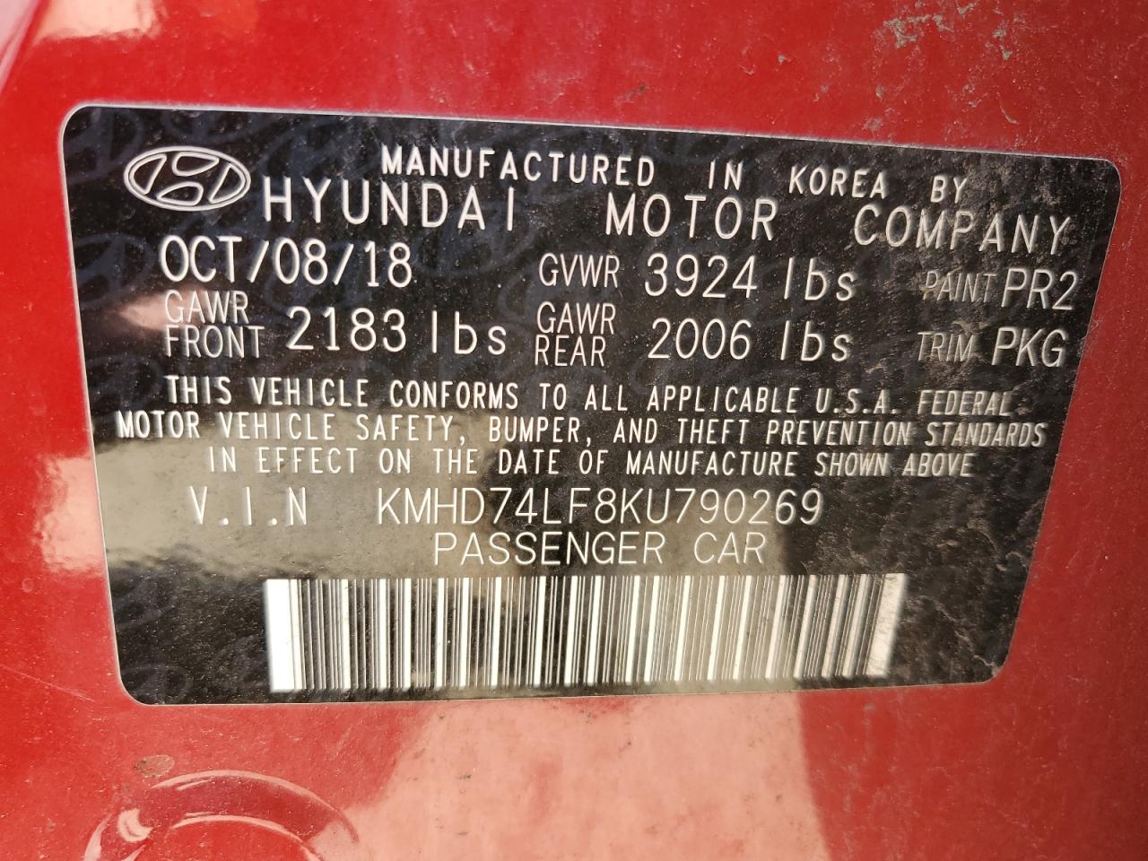 Photo 11 VIN: KMHD74LF8KU790269 - HYUNDAI ELANTRA 