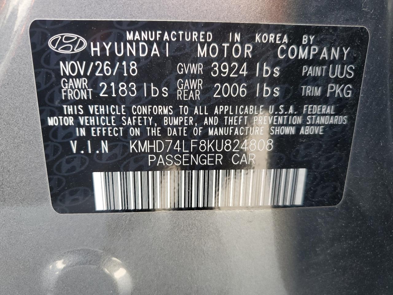 Photo 11 VIN: KMHD74LF8KU824808 - HYUNDAI ELANTRA 