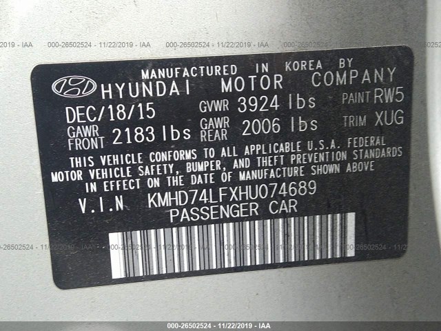 Photo 8 VIN: KMHD74LFXHU074689 - HYUNDAI ELANTRA 