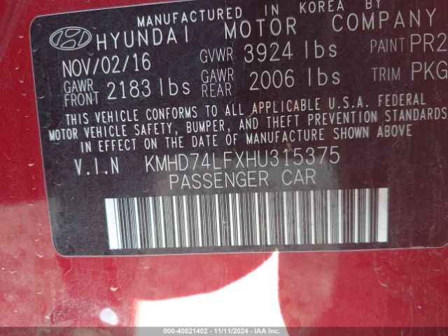 Photo 8 VIN: KMHD74LFXHU315375 - HYUNDAI ELANTRA 