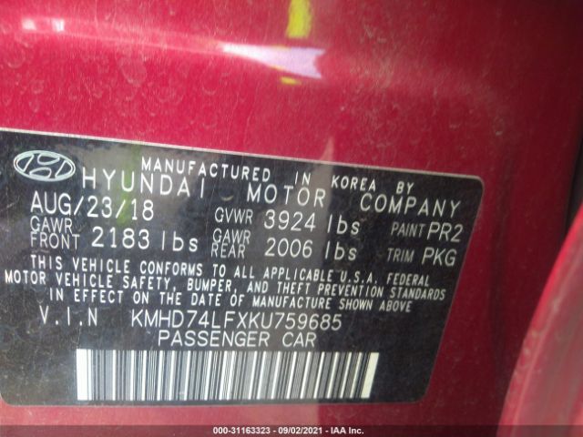 Photo 8 VIN: KMHD74LFXKU759685 - HYUNDAI ELANTRA 