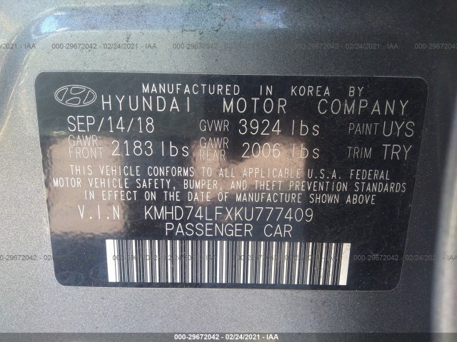 Photo 8 VIN: KMHD74LFXKU777409 - HYUNDAI ELANTRA 