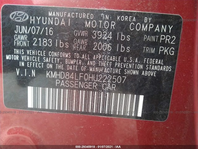 Photo 8 VIN: KMHD84LF0HU222507 - HYUNDAI ELANTRA 