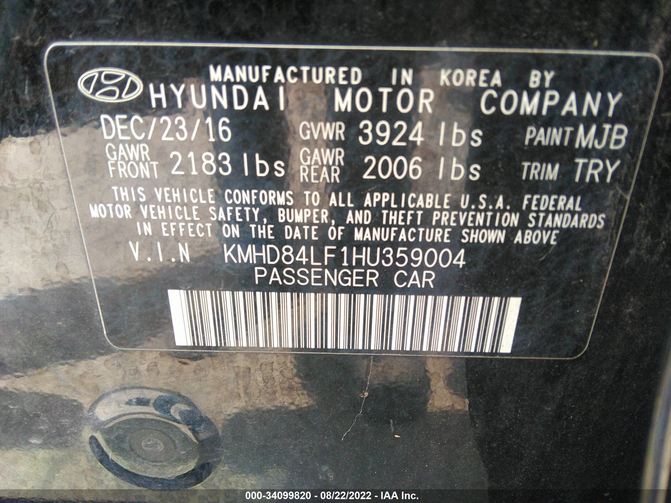 Photo 8 VIN: KMHD84LF1HU359004 - HYUNDAI ELANTRA 