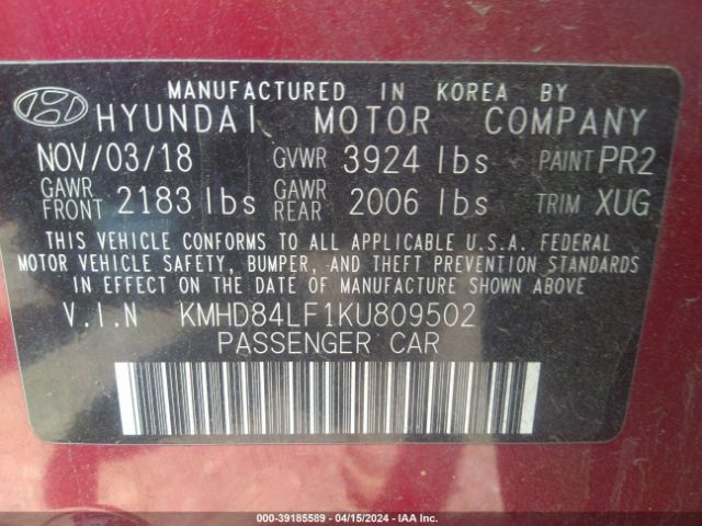 Photo 8 VIN: KMHD84LF1KU809502 - HYUNDAI ELANTRA 